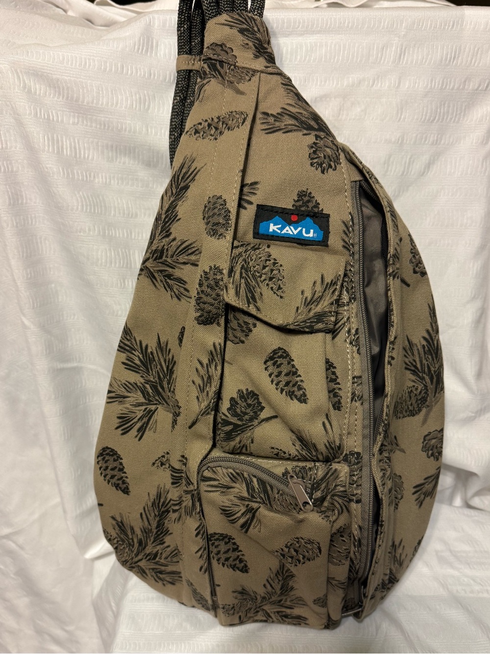 Kavu Tan Sling Bag with Black Pinecone Print